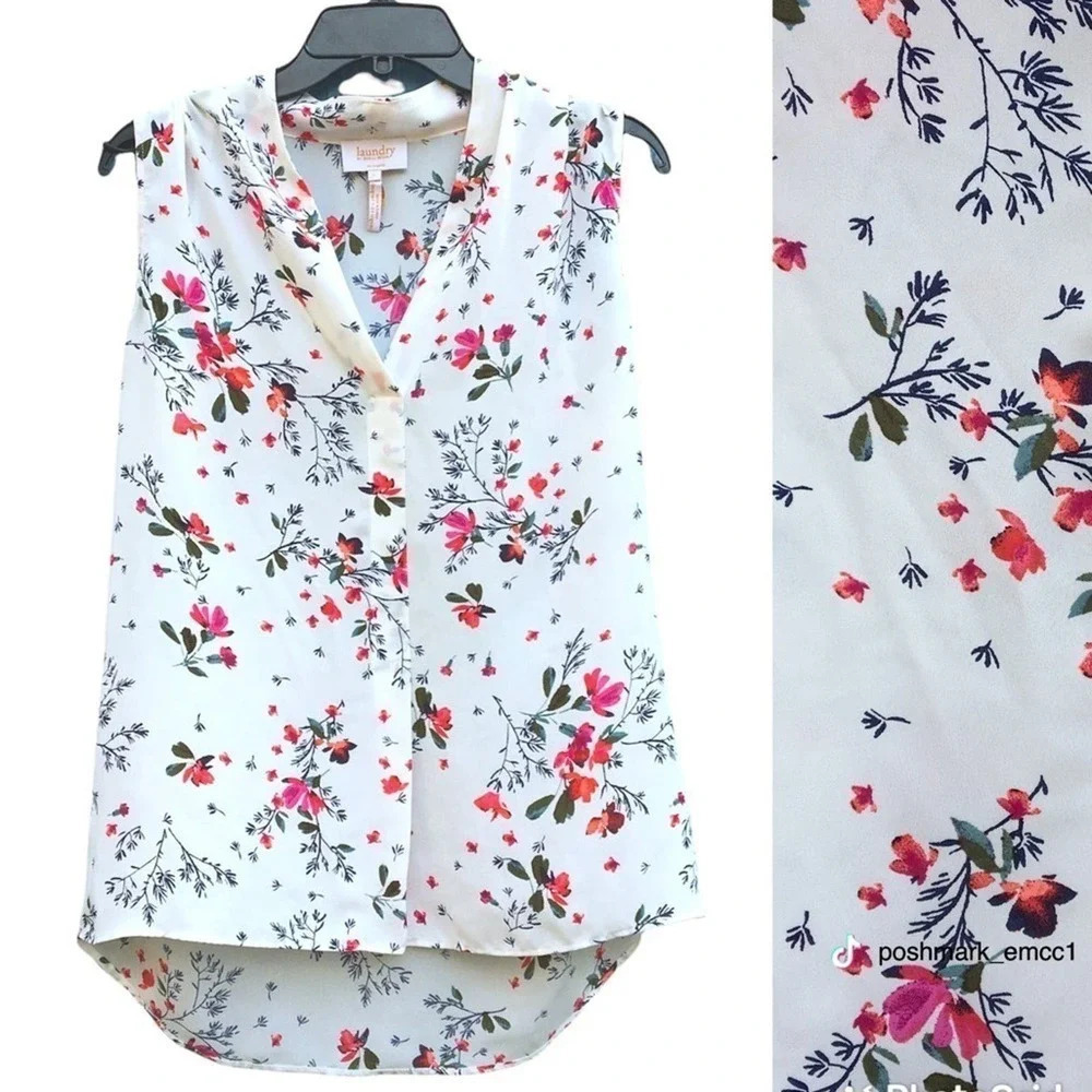 Laundry by Shelli Segal White Floral Button Down High-Low Sleeveless Blouse v6x
